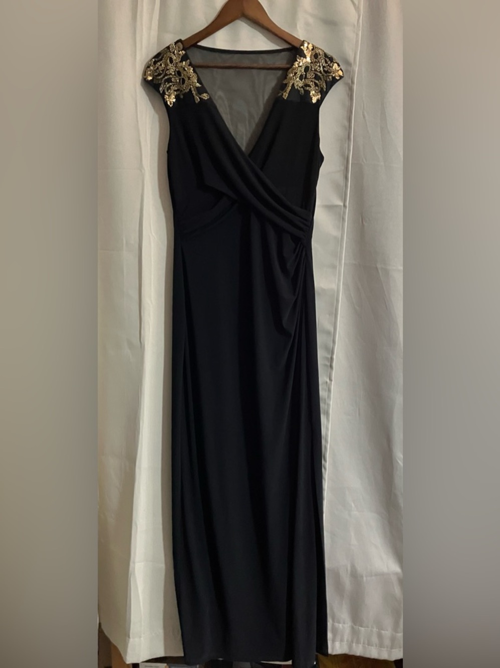 Ralph Lauren Black Evening Dress with Gold Embellished Shoulders
